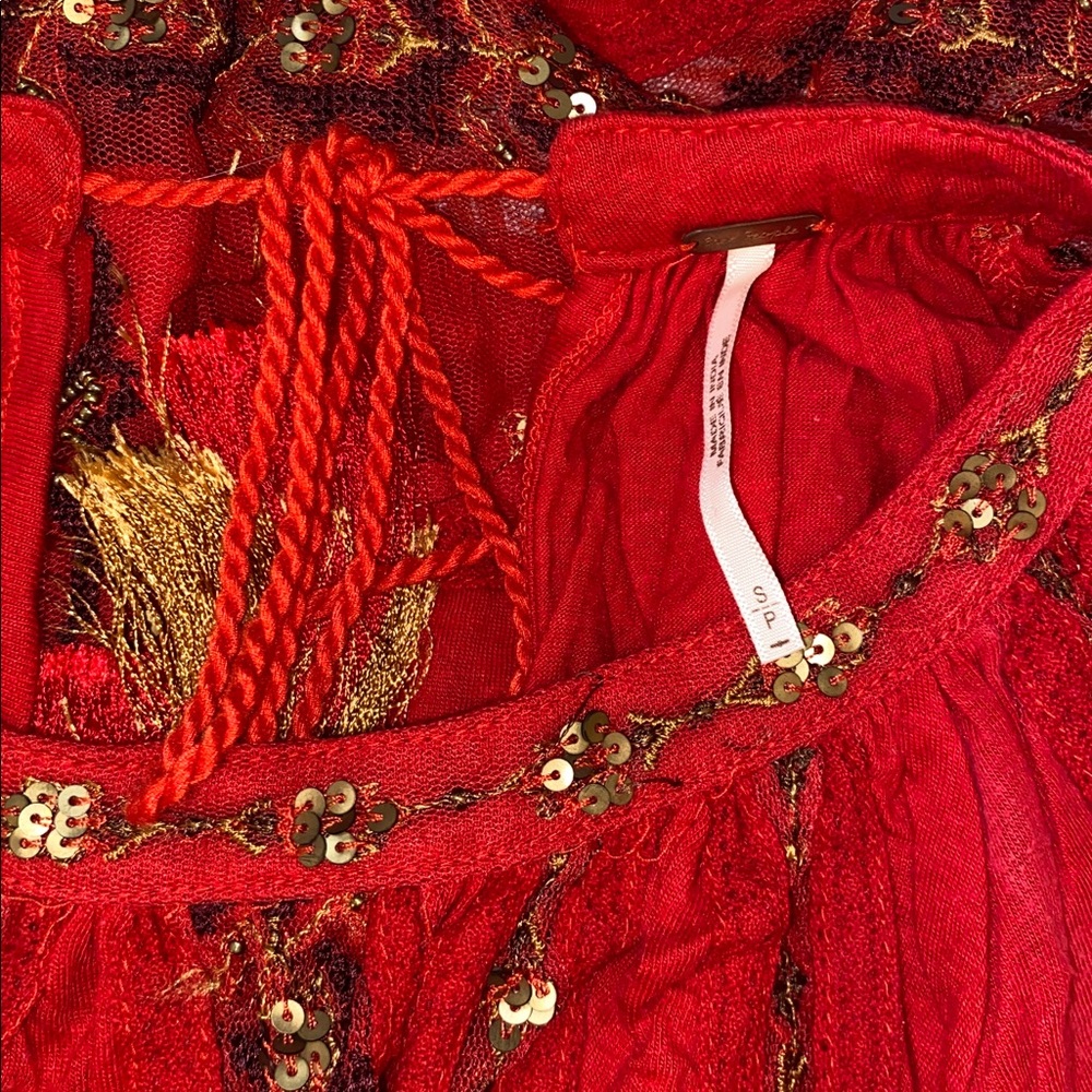 Free People Red Embroidered Sequin Sheer Panel Peasant Blouse Top w/Back Tassels - Picture 9 of 15